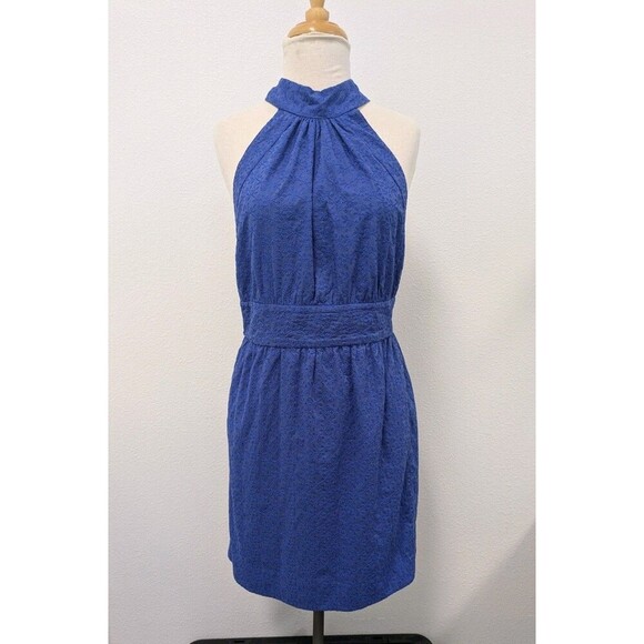 Betsey Johnson Dresses & Skirts - Betsey Johnson Blue Halter Floral Eyelet Mini Wrap Dress sz 6 Bow Coquette